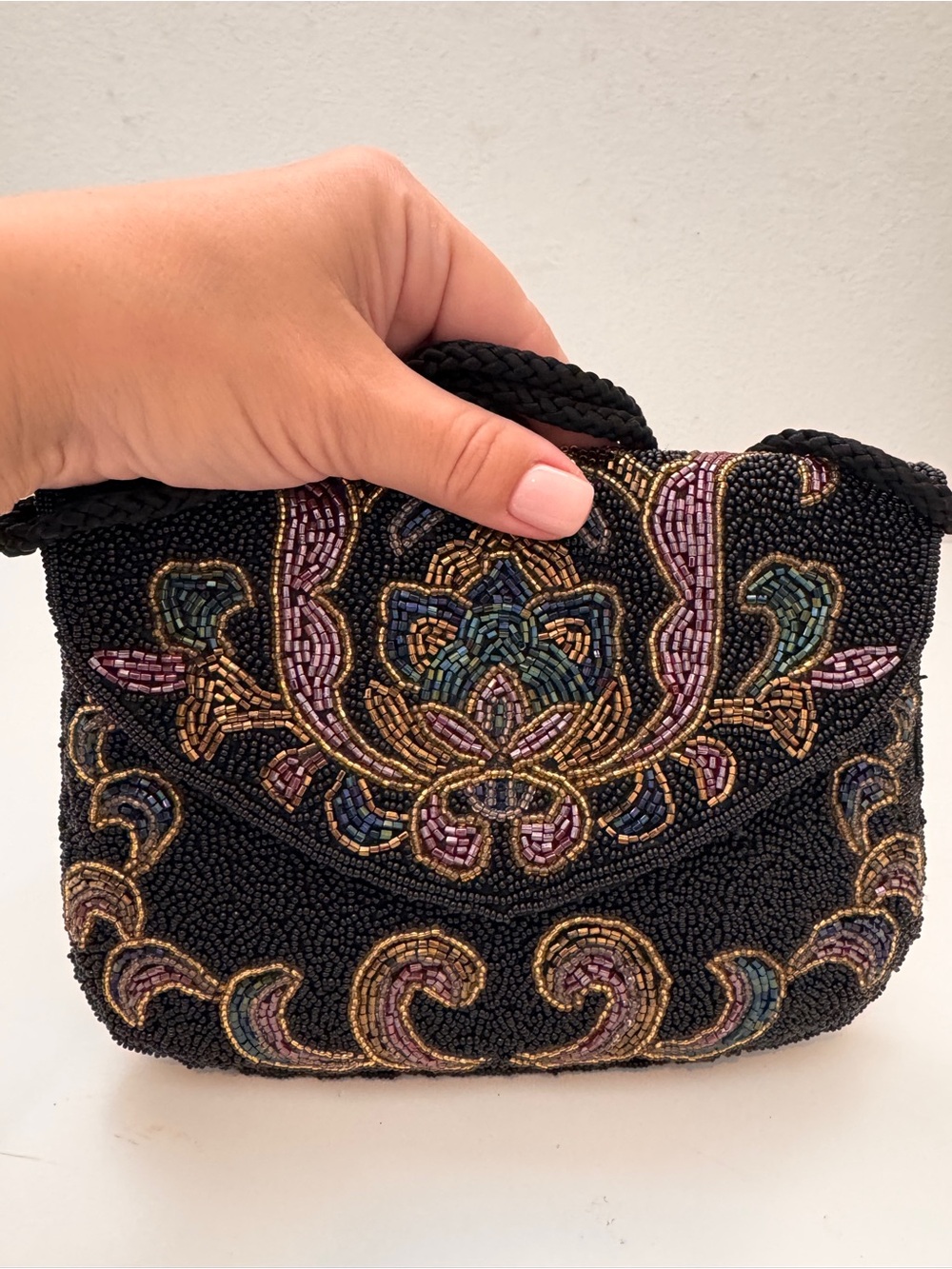 🌸VTG Lillian Vernon Black Crossbody Bag Handmade Bohemian Chic Evening Cocktail - Picture 6 of 8